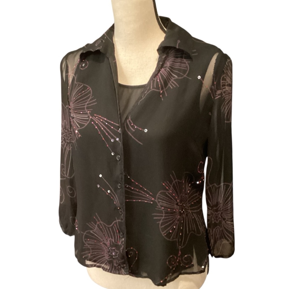 Sheer 100% Silk Beaded‎ & Sequins Black Blouse Built In Cami Floral Size Small